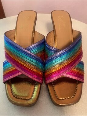 Seychelles Fleet  Rainbow Metallic Crisscross Slide Mules